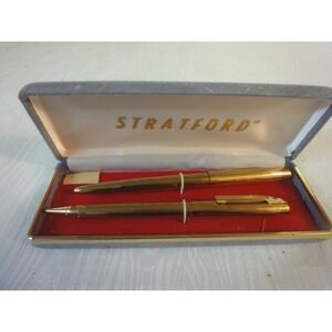 Vintage mechanical pencil and ink pen set gold color Stratford ? with case